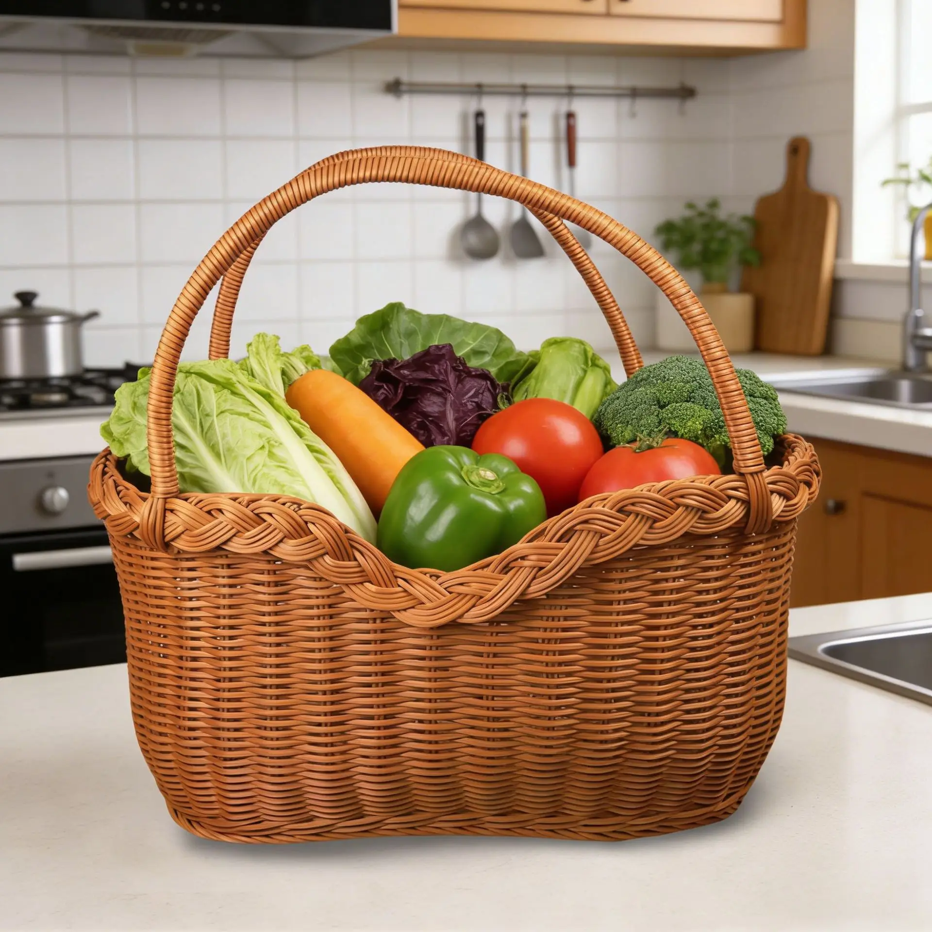 Handwoven Imitation Rattan Picnic Vegetable Shopping Harvest Basket Handle Rustic Style Portable Basket for Home Garden Decor view 2