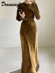 D​rauuing Brown Long Sleeve Maxi Dress Women Elegant Long Dress Print Slim Party Dress Women O Neck Autumn New