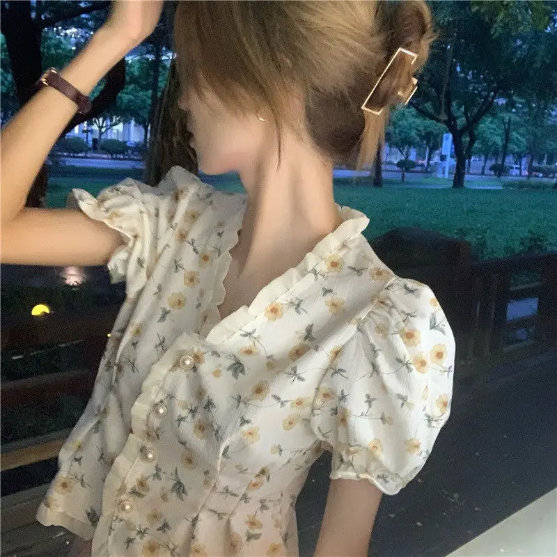 Shirts Women Floral V-neck Thin Sweet French Style Summer Simple Popular All-match Chic Mujer Students Ins Girlish Ulzzang Cute