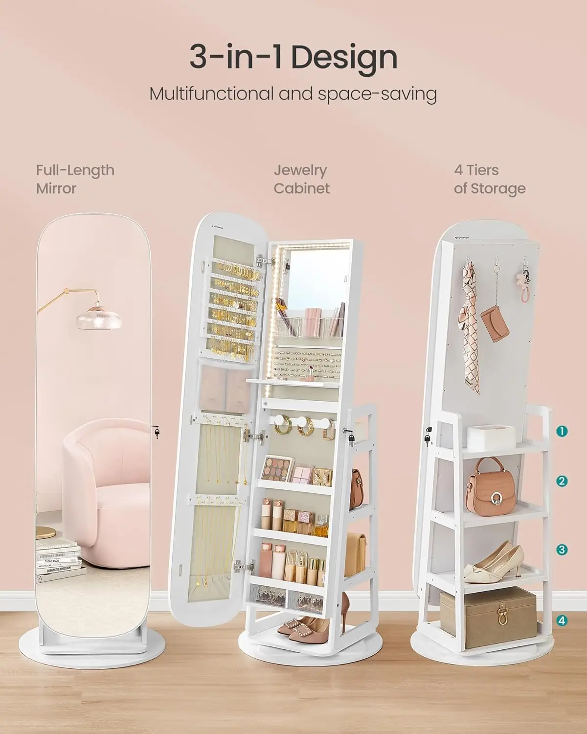 LED Jewelry Cabinet, 360° Swivel Jewelry Organizer, Lockable Mirror Jewelry Cabinet Standing, Rounded Wide Full-Length