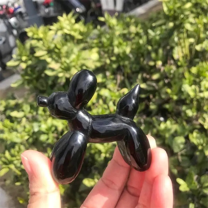 6.8cm Natural Black Obsidian Balloon Dog Crytsal Crafts Healing Office Desktop Ornament Halloween Home Decoration Gift 1pcs