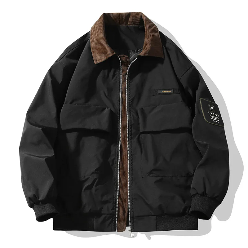 Men Bomber Jacket Autumn Winter High Street Contrast Color Male Cargo Coat Turn Down Collar Long Sleeve Pocket Man Outerwear