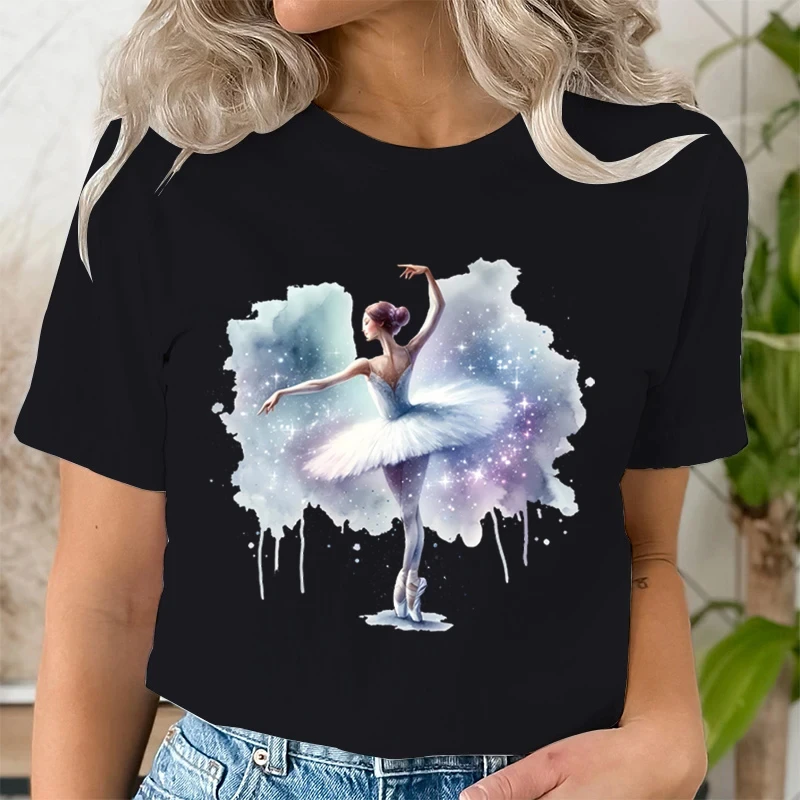 

Summer Ballet Dance Girls Printed Women's T-shirt Crew-neck Cotton Watercolor Short-sleeved Shirt Classic Plus Size Top T-shirt
