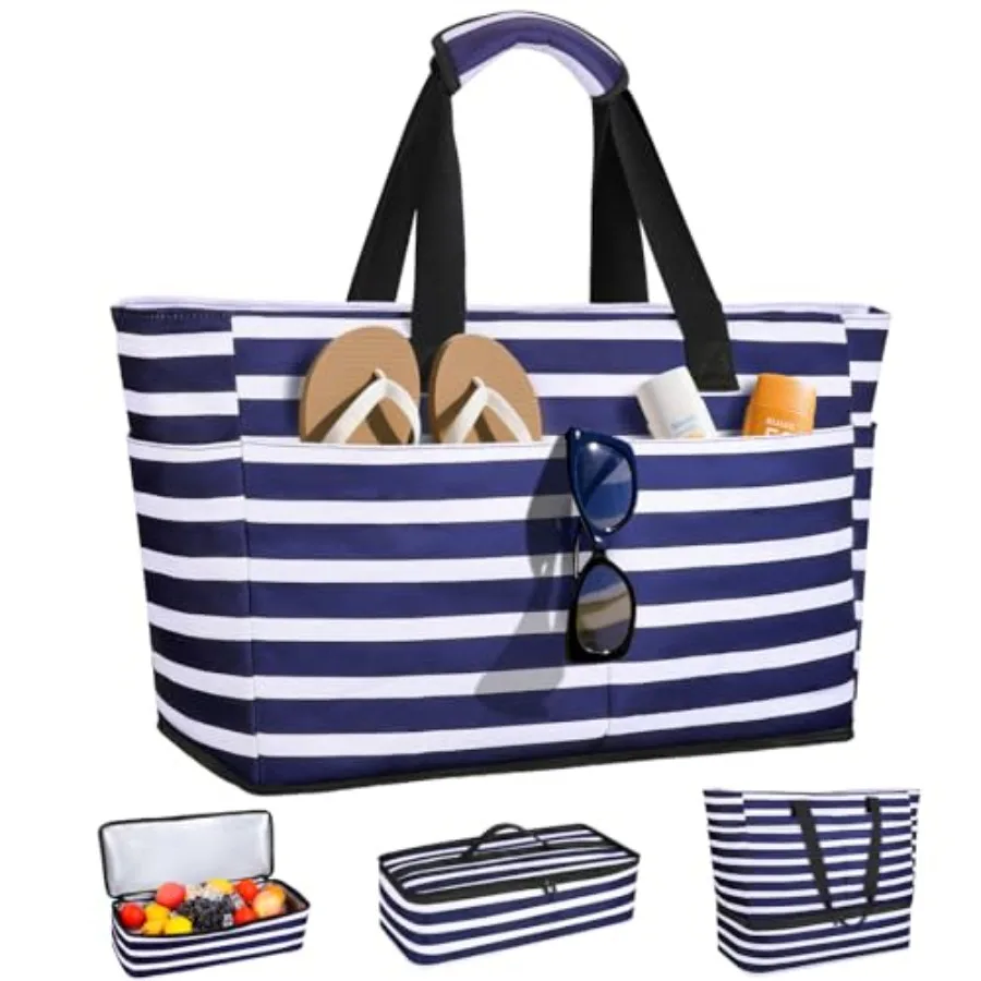 

Beach Bag with Cooler, 49L Large Family Beach Tote with Zipper, Waterproof Sandproof Beach Bags for Women and Men, Foldable Lig