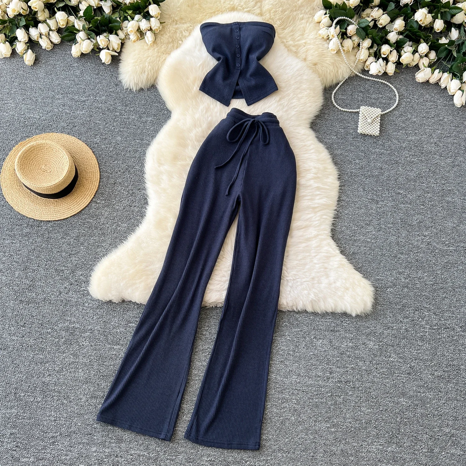 Chic Women Two-Piece Sets Vintage Sleeveless Strapless Tank Top High Waist Draw String Pants Korean High Street Autumn Clothing