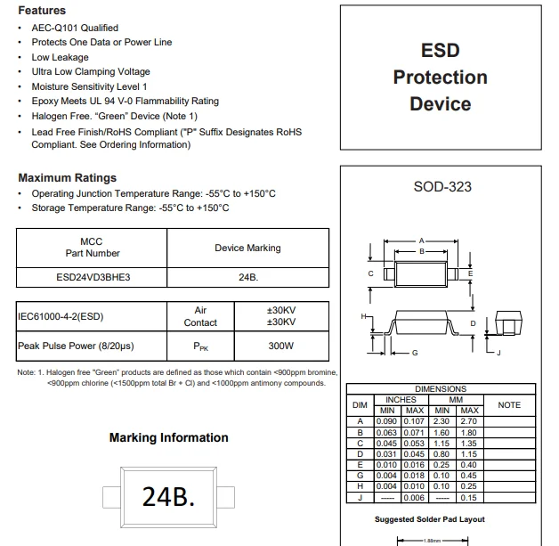 (100 pcs) ESD24VD3BHE3-TP SOD-323 ESD24VD3BHE3 - Bidirectional TVS Diode 24V 44V Clamp 7A