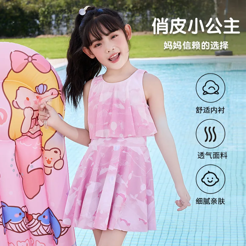 Cartoon Print Swimsuit for Girls, 2-Piece Swimwear with Underwear, Teenage Kids Beach Bathing Suits, Pink, New, 2024, 2-14Y