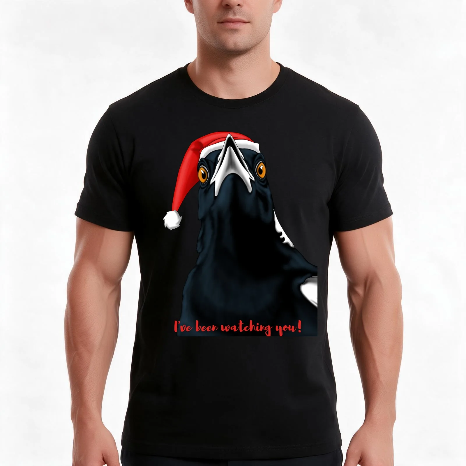 Australian Magpie Christmas Art T-Shirt, Summer Casual Cotton Tee, Oversized Streetwear Tops, Vintage Graphic Print, 100% Cotton