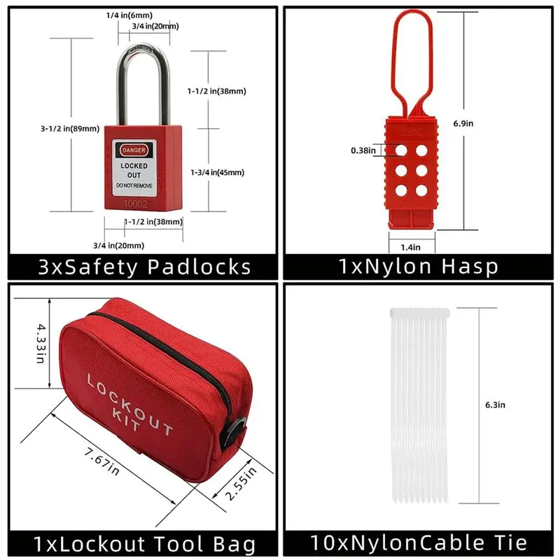Lockout Tagout Set -Lockout Tagout Tag, Nylon Stropdas, Nylon Opbergtas, Roodveiligheidshangslot, Lockout Tagout Sloten (Rode Kit) -AEF7