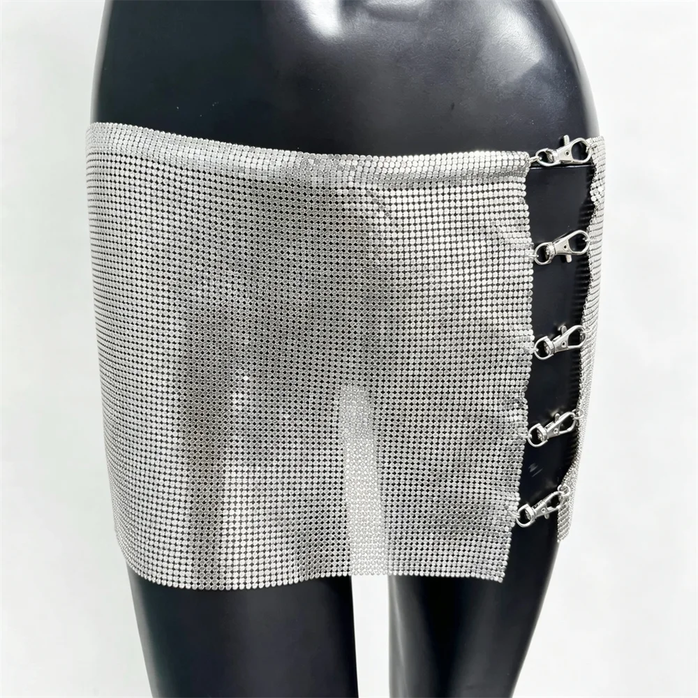 Chic Metal Sequins Women Mini Skirt Sexy Hollow Side Split Lobster Clasp Decoration Short Skirt Rave Music Festival Party Skirt