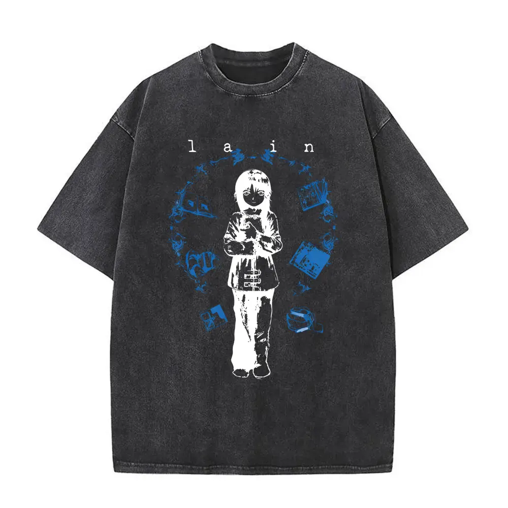 Anime Girl Sci Fi Retro Serial Experiments Lain Vintage Washed T-shirt Manga Harajuku Tshirt Men Women Casual Oversized T Shirt