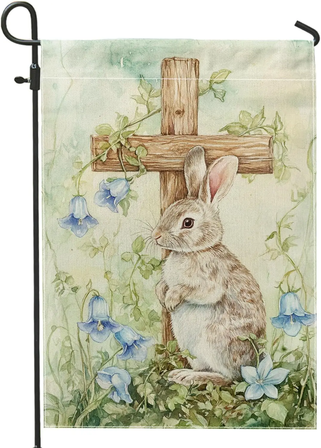 Spring Easter Garden Flag, Brown Rabbit Cross Blue Flower Outdoor Decor, Double Sided Burlap Yard Flag for Holiday Lawn Deco PPZ