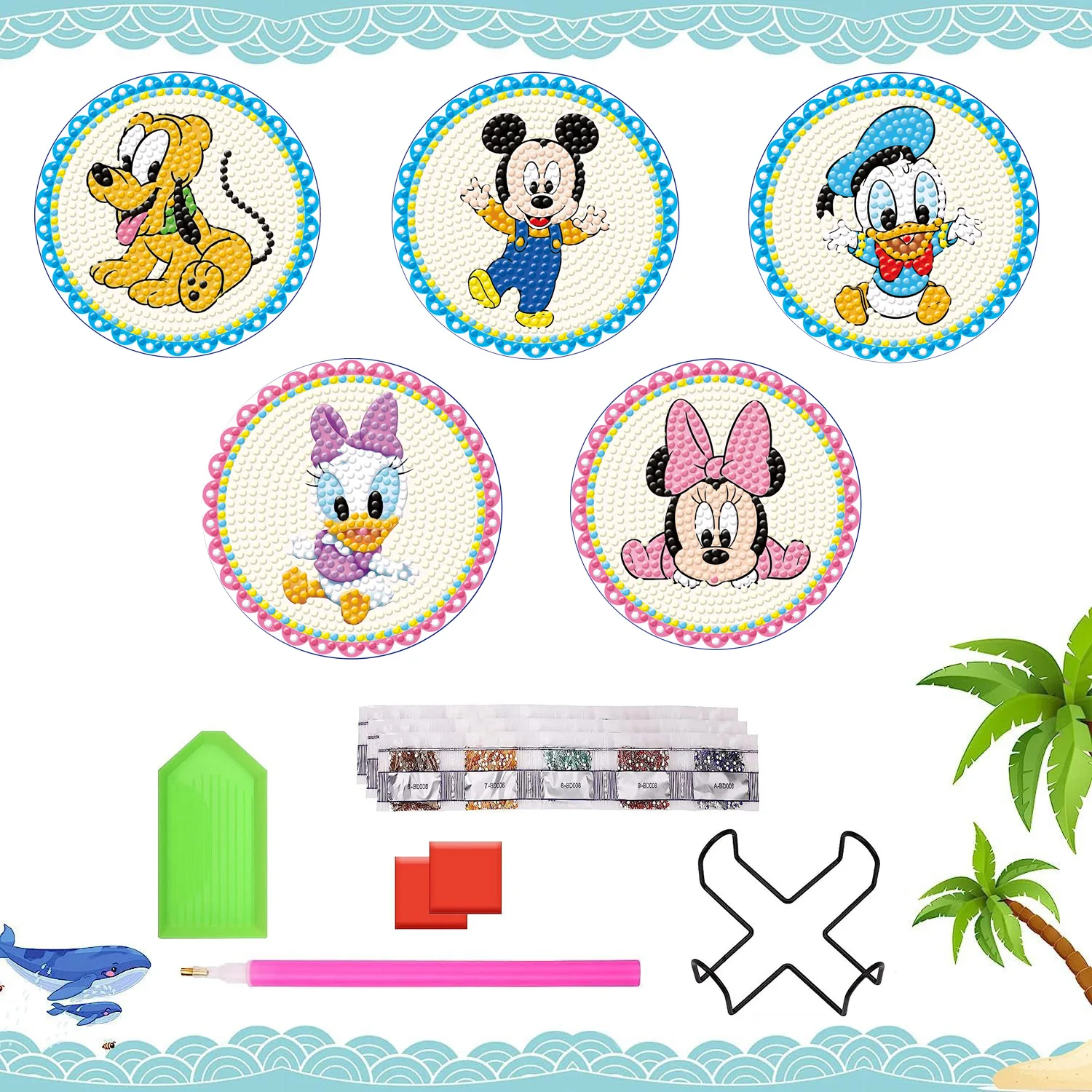 

Set of diamond painted coasters featuring Mickey, Minnie, and Stitch, crystal flowing DIY diamond art coasters with stand