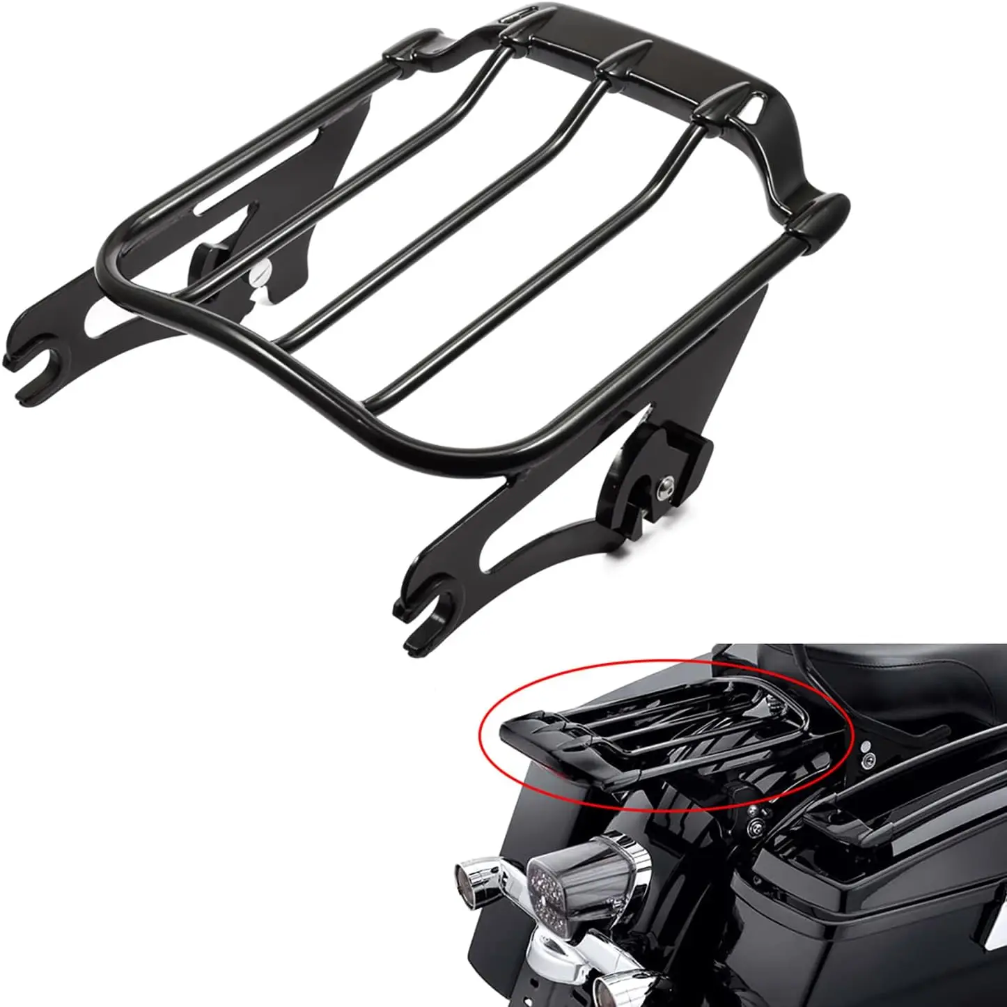 Gloss Black Detachable 2-Up Luggage Rack Mount Fit Harley Touring Street Glide Road King Electra Glide 09-24 Vivid Black