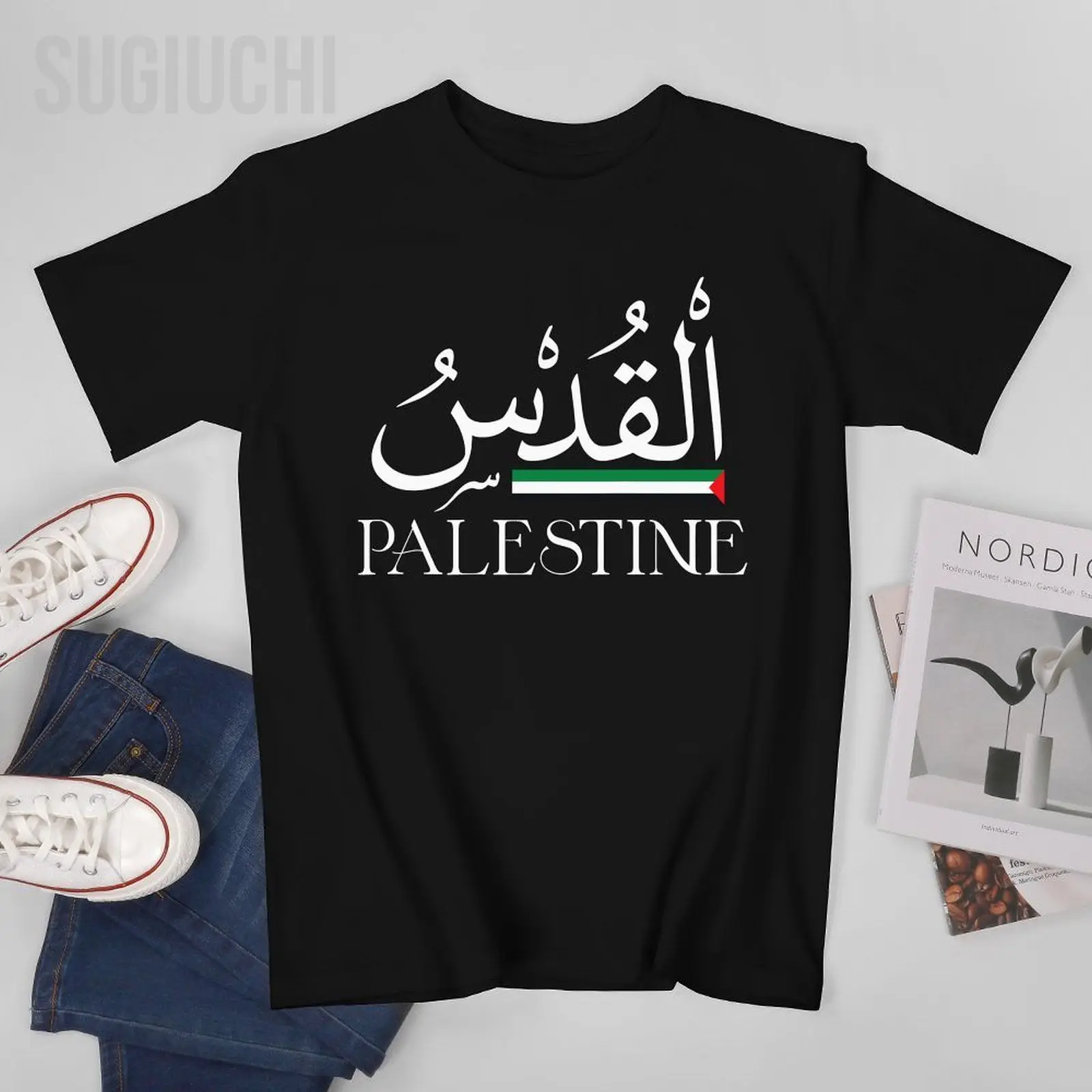 Unisex Men Palestine Flag Palestinian Calligraphy On Back Side Al Quds Tshirt Tees T Shirts Women Boys 100% Cotton T-Shirt