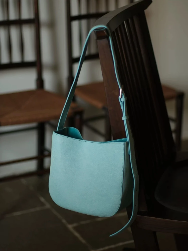  Minimalist Fashion Casual Genuine Leather Women Bucket Bag\Handbag Simple Real Leather Lady Underarm Shoulder Crossbody Bag