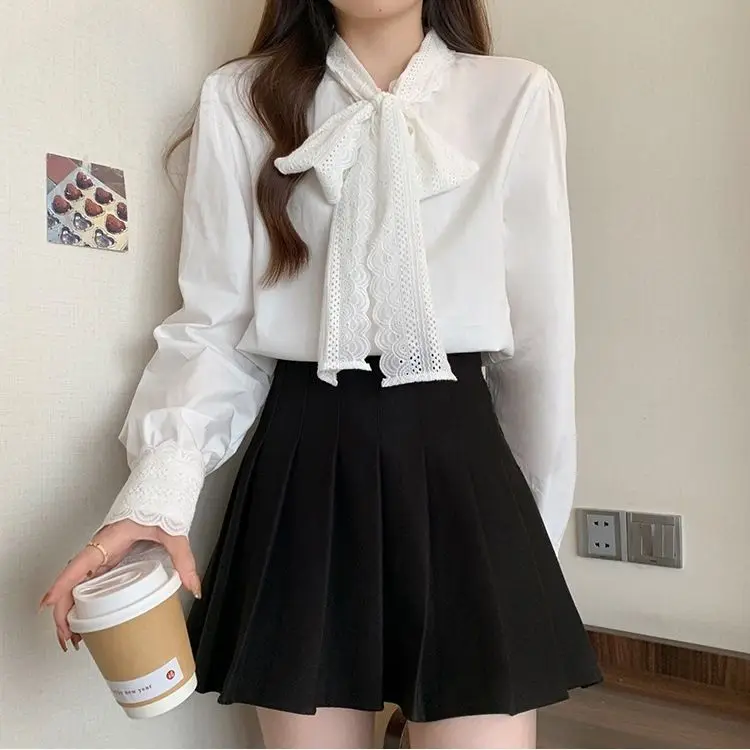 

Модная женская блузка с длинным рукавом и кружевом, элегантный дизайн с узлом, универсальная модель в корейском стиле, с воротником, размер S