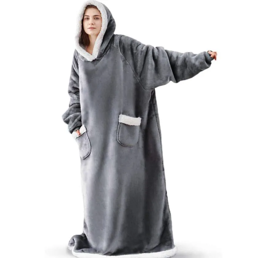 Oversized Wearable Blanket Hoodie Unisex Winter Warm Sweatshirt Homewear Men Women Long Flannel Hooded TV Blanket