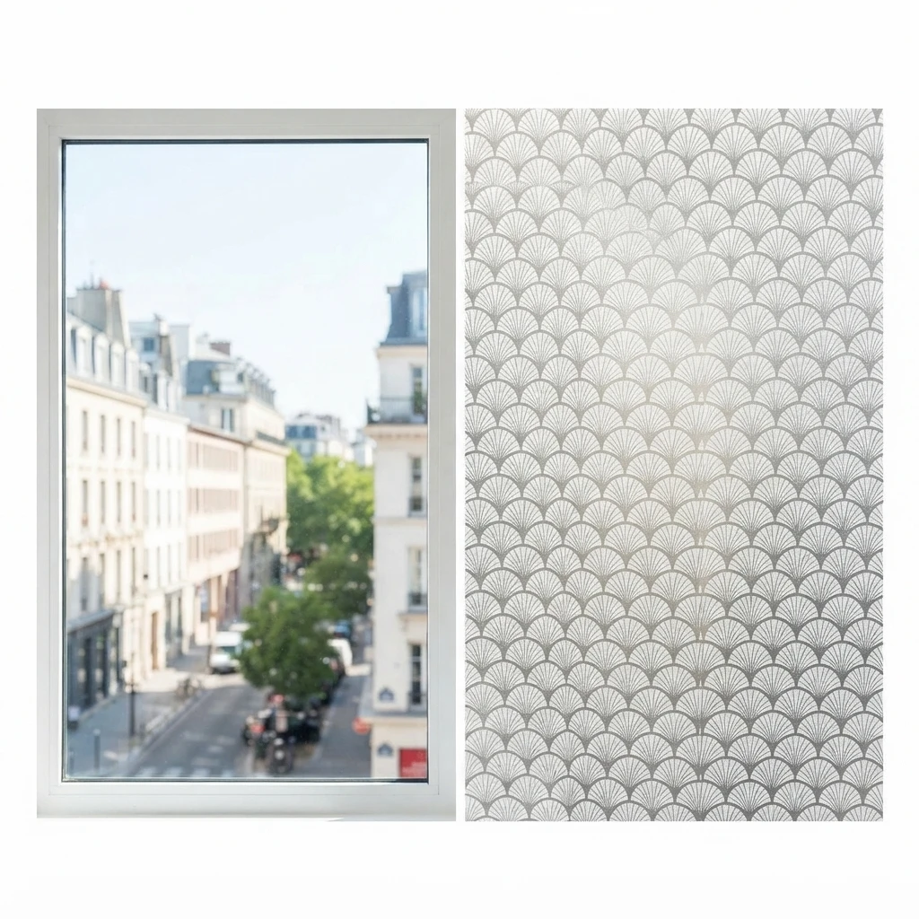 Art Deco Fan Scale Opaque Privacy Window Film Self-Adhesive Removable Decor Sticker for Shower Door And Apartment Glass Cover