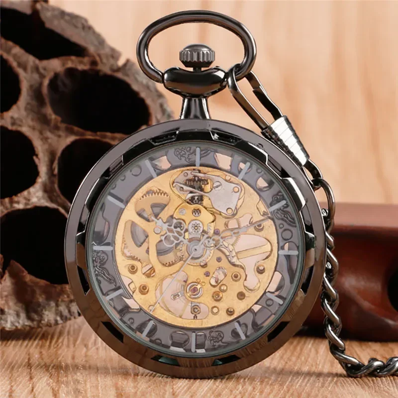 Black/Bronze Unisex Hand-winding Mechanical Pocket Watch Steampunk Transparent Open Face Case with Pendant FOB Chain Timepeice