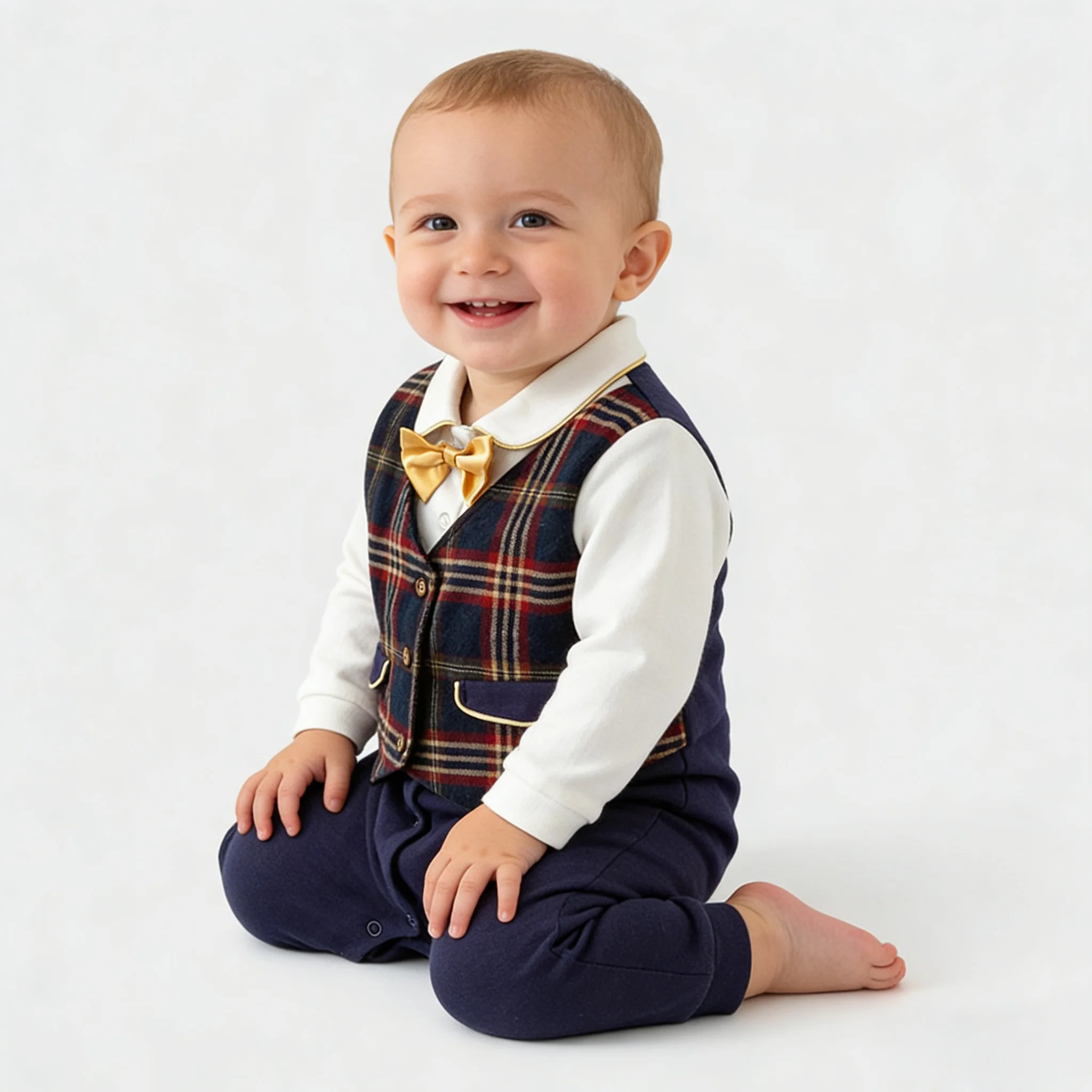 

Baby Boy Gentleman Plaid Romper Checked Vest Fake two pieces Design with Bow Tie Soft Cotton One-Piece for 1-Year Birthday