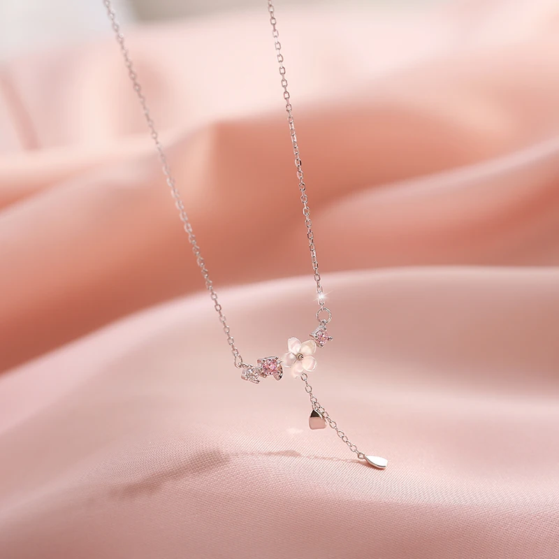 100% Real 925 Sterling Silver Cherry Flower Shell Long Tassel Necklace for Women Sweet Heart Pendant Clavicle Chain Necklace