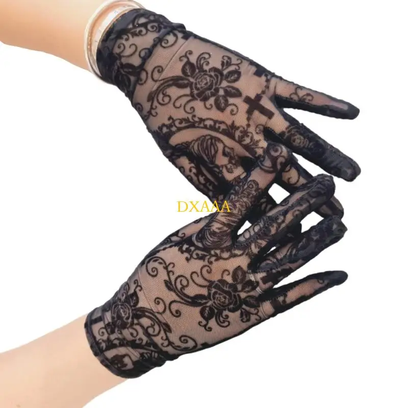 DXAA Gothic Mesh Gloves Skull Design Elastic Glove For Halloween Costume Cosplay