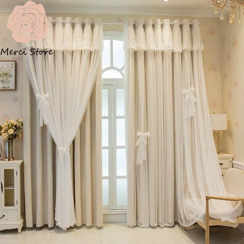 Nordic Princess Style Blackout Solid Color Cloth Yarn Integrated Simple Korean Curtain for Living Room Bedroom Custom Window