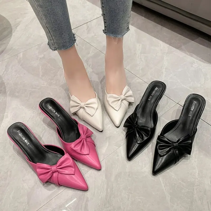 

Fashion Women Pumps Sandals Slippers Pointed Toe Big Bow Design Silk Thin High Heels Summer Outdoor Elegant Slides Mules Shoes