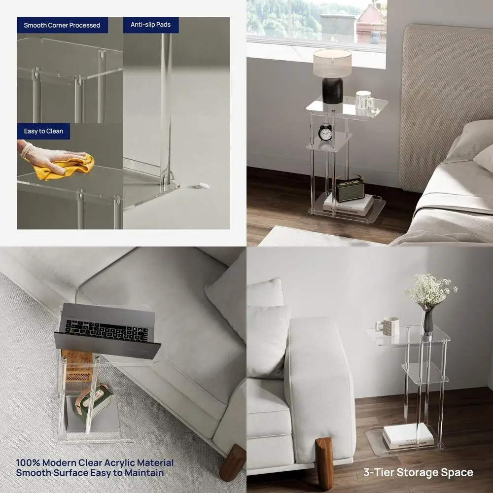 

Contemporary 3-Tier C-Shaped Acrylic Side Table for Sofa, Living Room, Bedroom, and Bathroom Use