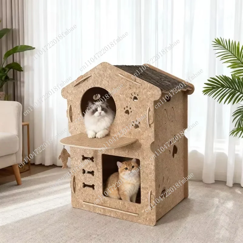 Natural Cork Classic Eco-Friendly Cat Nest with Bark Felling Design Luxury Cat House Indoor Condo Living Room Bedroom
