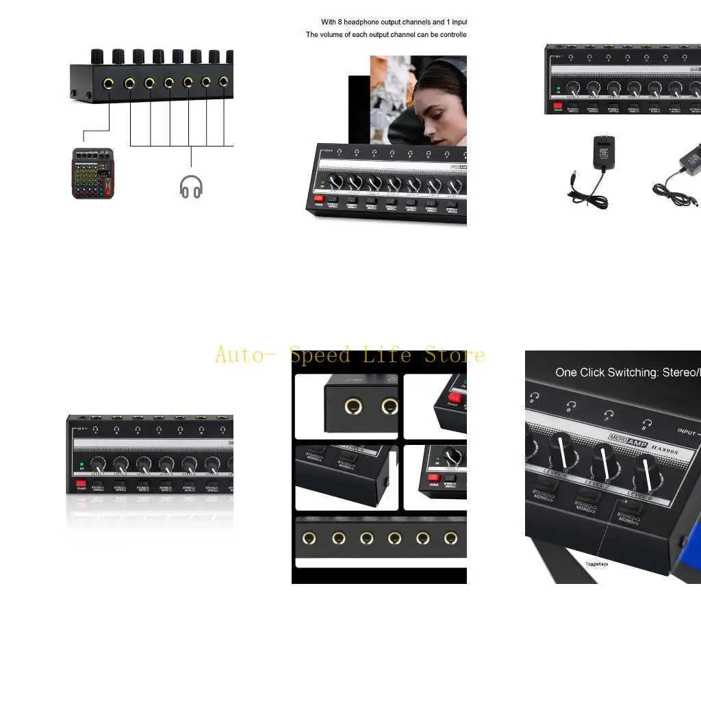 

02DA Портативный 8-канальный усилитель для наушников с независимым регулятором громкости для каждого канала, микшер с