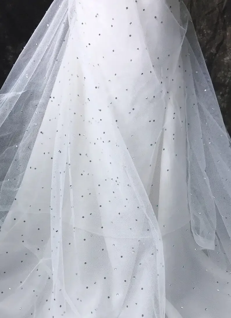 1 Yard Rhinestone Lace Fabric Ivory Black Tulle for Wedding Party Dress Tutu Dress Bridal Veiling Prom Gown