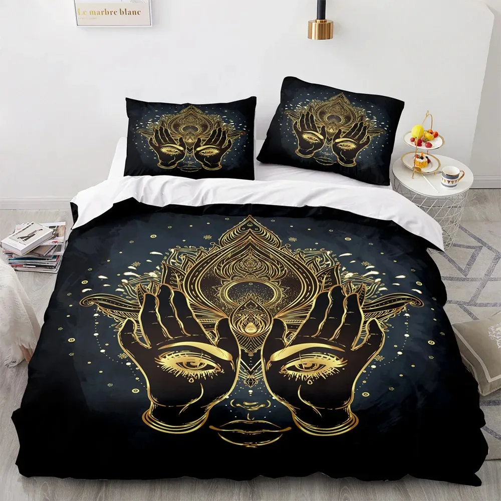 

Buddha Duvet Cover Set KingQueen Size,Hamsa Hand Indian Art Bohemian Mandala Zen Themed Bedding Set,Buddhist Decor Quilt Cover