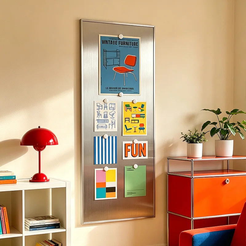 Wall Mounted Metal Memo Board with Magnetic Pins for Photos Notes Decor Silver Frame Office Home Organization Display