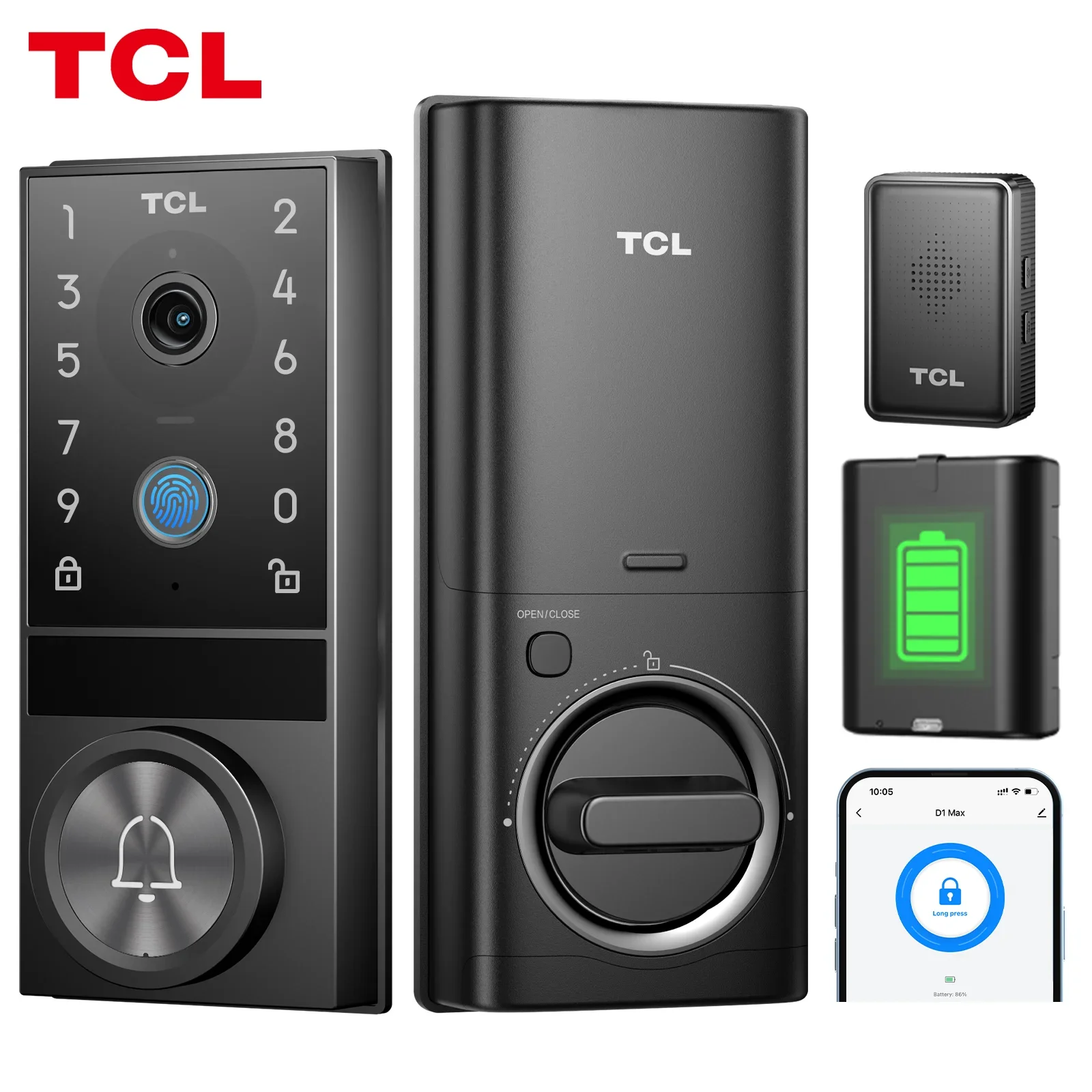 TCL D1 Max Security Video Smart Lock 2K Камера Дверной звонок и отпечаток пальца Вход без ключа 3-в-1 WiFi Дверной замок PIR Обнаружение движения