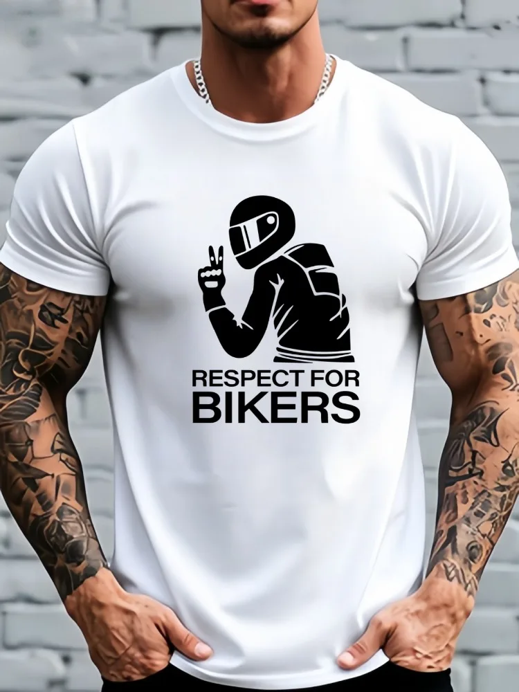 Men Summer Short Sleeve T Shirt Respect For Bikers Graphic Tee Motorcycle Rider Biker Crew Neck Casual Streetwear Mens Daily Top