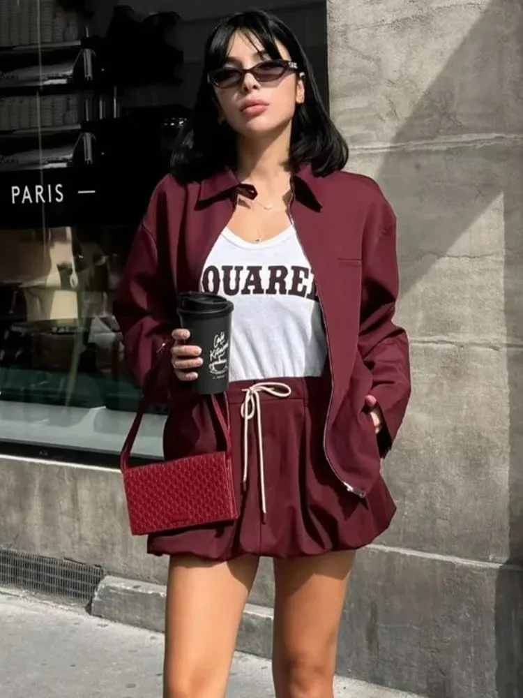 SIYANG Tied Lantern Mini Skirt Sets For Women 2 Pieces 2024 New Fashion Zipper Jacket Women Suit Casual 2 Piece Set Women Outfit