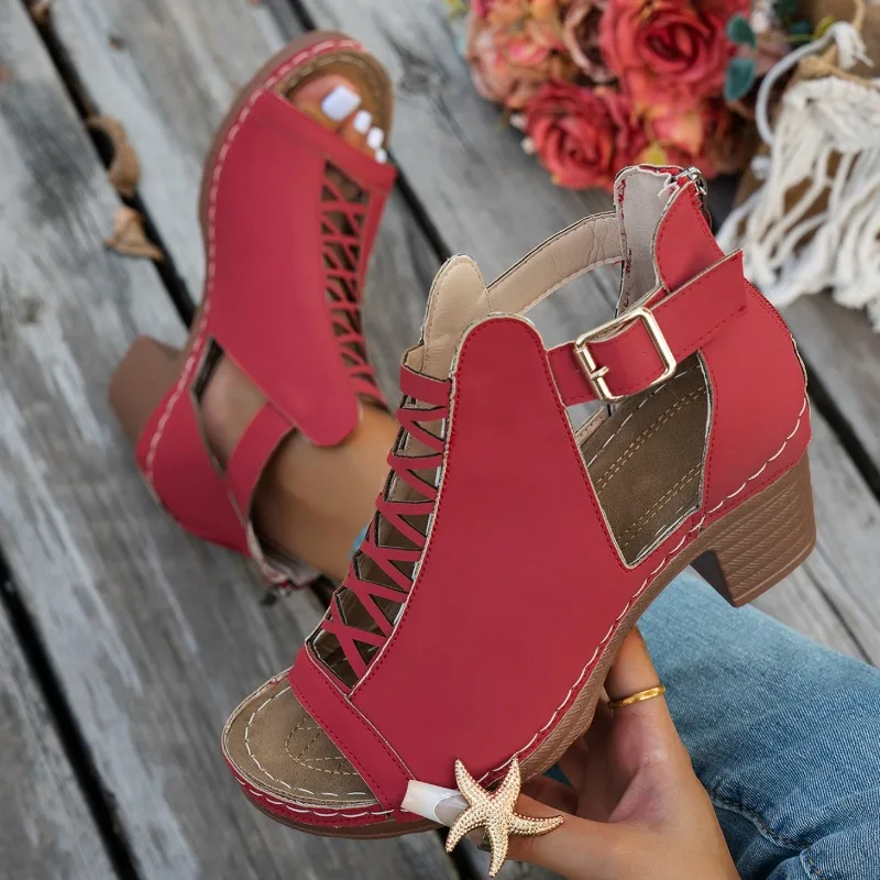 

Women Summer Elegant Sandals Thick Heel Wedge Chunky High Heels Sandals Retro Open Toe Hollow Bundled Wedding Versatile Shoes