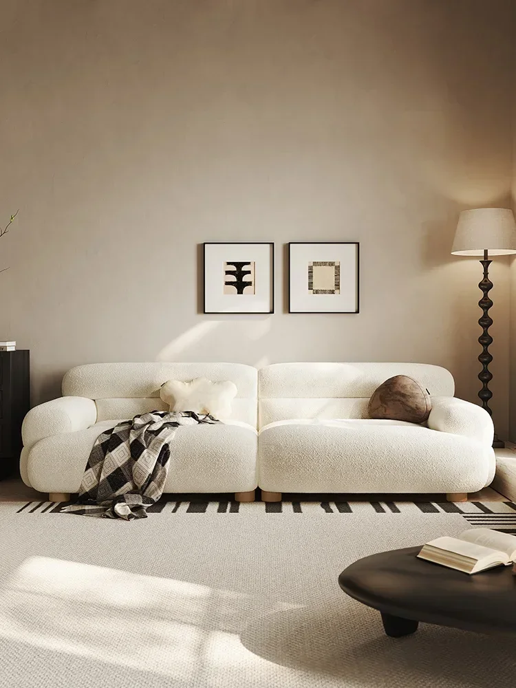 Sofa Lamb Fleece Fabric Sofa Cream Wind White Living Room Three Module Designer Retro
