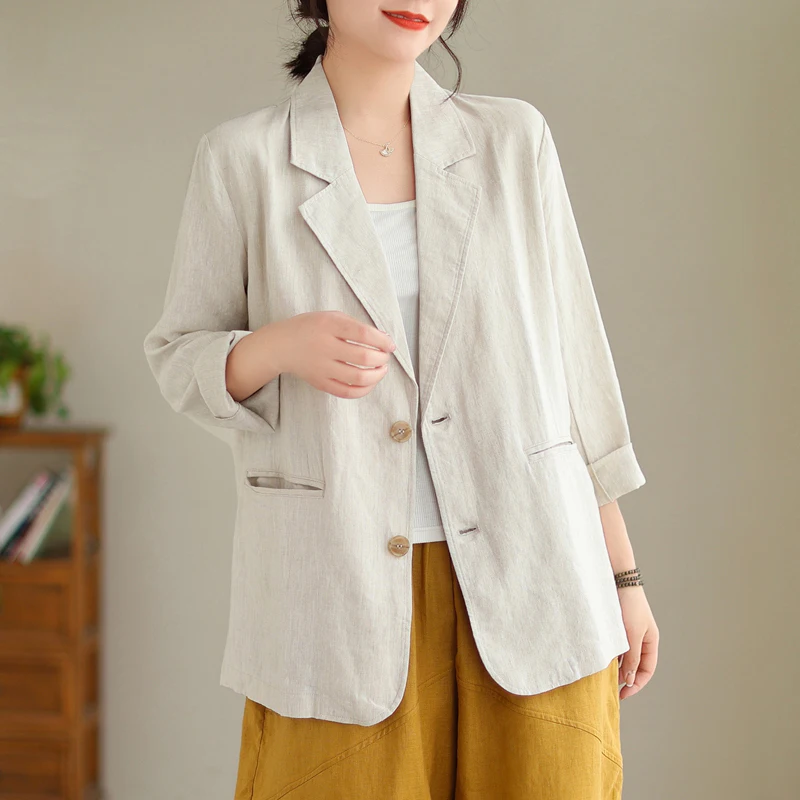 Costume artistique en coton et lin de couleur Pure, coupe ample, col décontracté pour femmes, haut grande taille pour l'automne