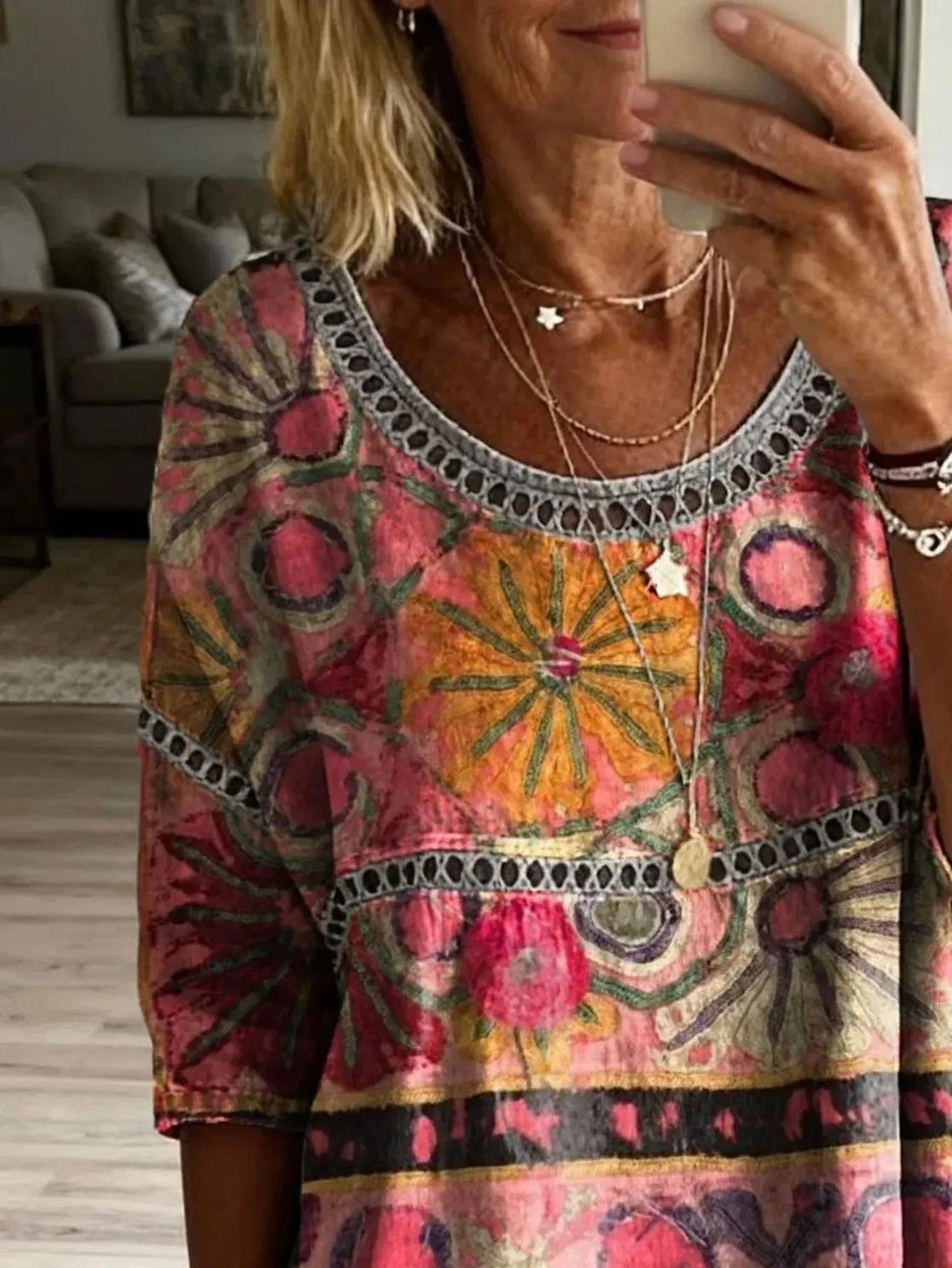 Women Plus Size Blouse 3D Floral Print Loose Fit Long Sleeve Boho Tunic Top