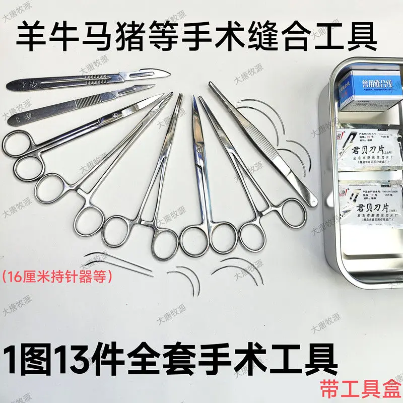 

Surgical suture needle tool for sterilization of animals, surgical knife set for pig castration, and instruments