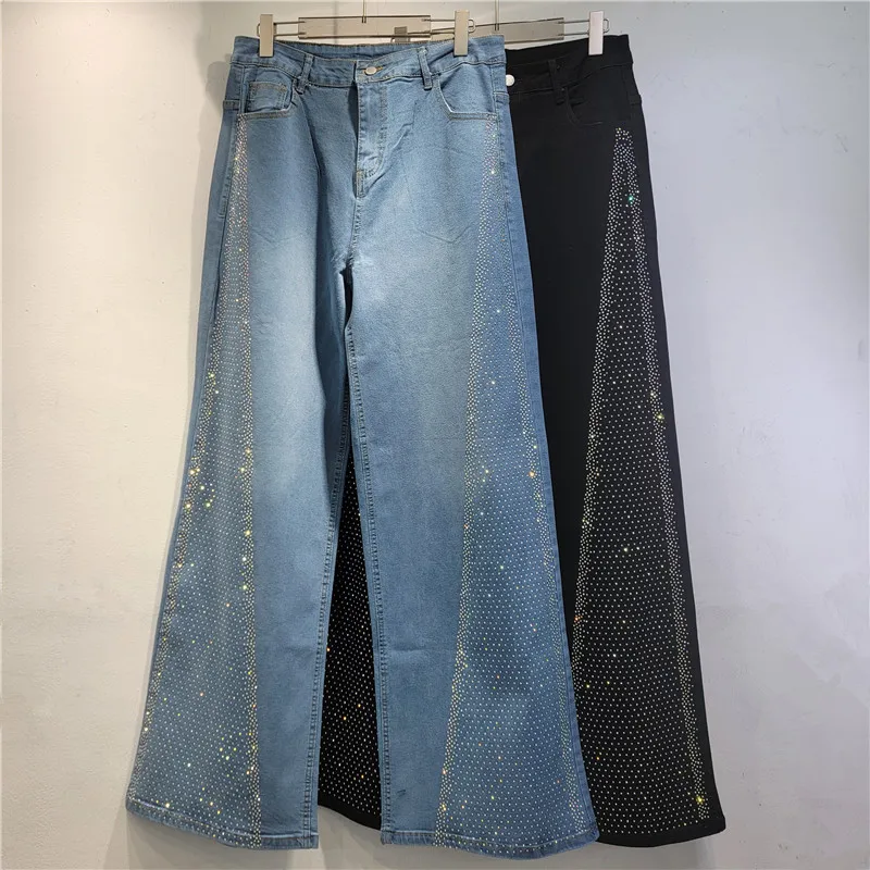 

Женские джинсы с блестящими стразами по бокам, новая весенняя модель, с высокой талией, свободного кроя, стройнящие, универсальные широкие брюки.