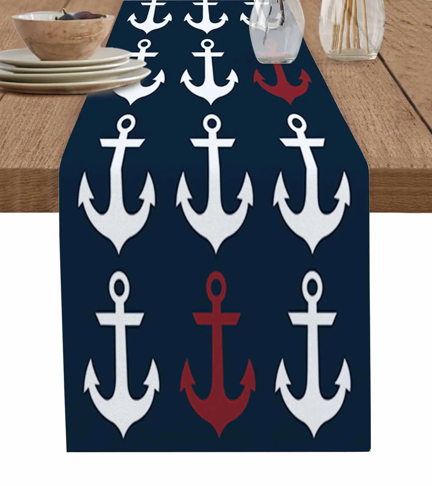 Nautical Ocean Anchor Dark Blue Linen Table Runners Kitchen Table Decoration Dining Table Runner Wedding Party Supplies