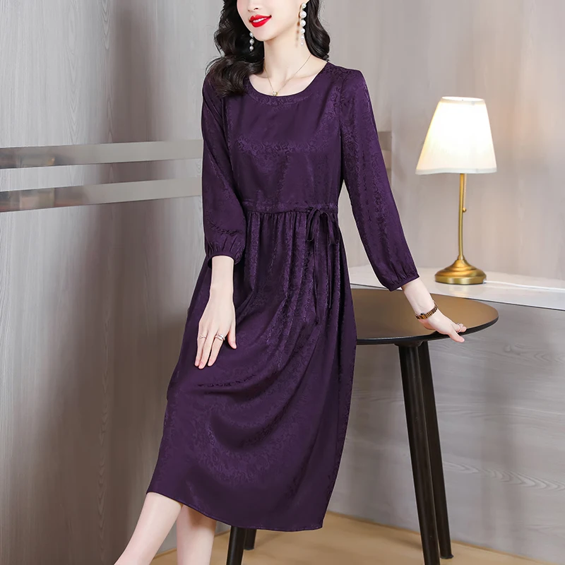 2023 Summer New Silk Purple Short Sleeve Dress Large Women's French Drawstring Waistband Slim O Neck Over Knee Long Dress