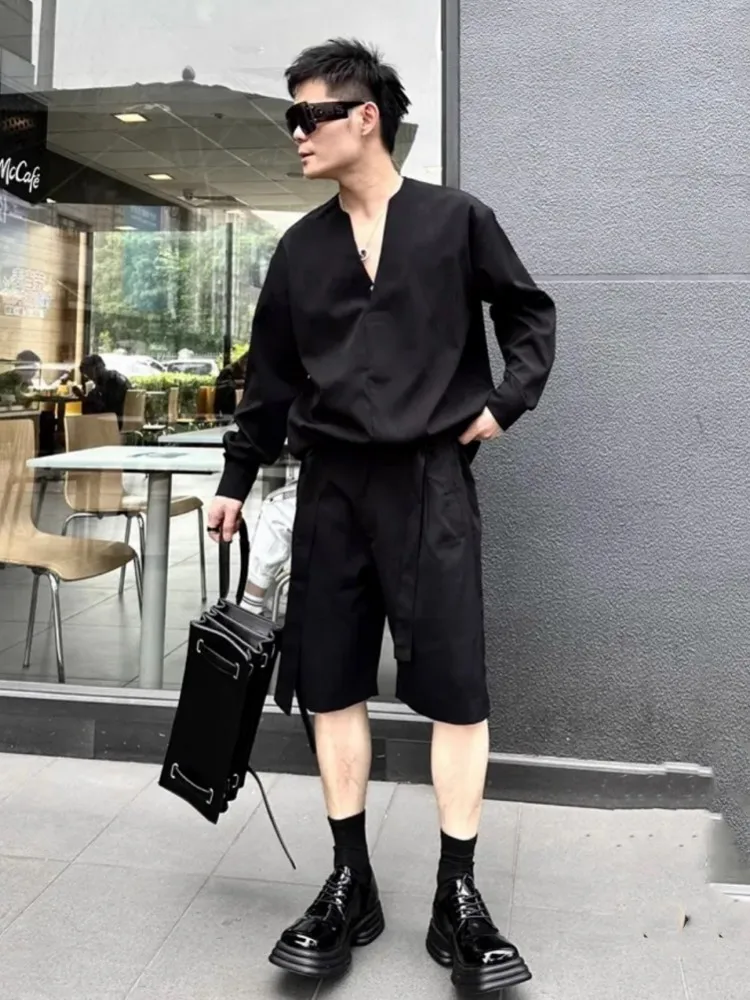 Summer Mens Fashion Two Piece Set Long Sleeve V Neck Tops Knee Length Shorts Matching Sets Casual Loose Fit Streetwear Outfits