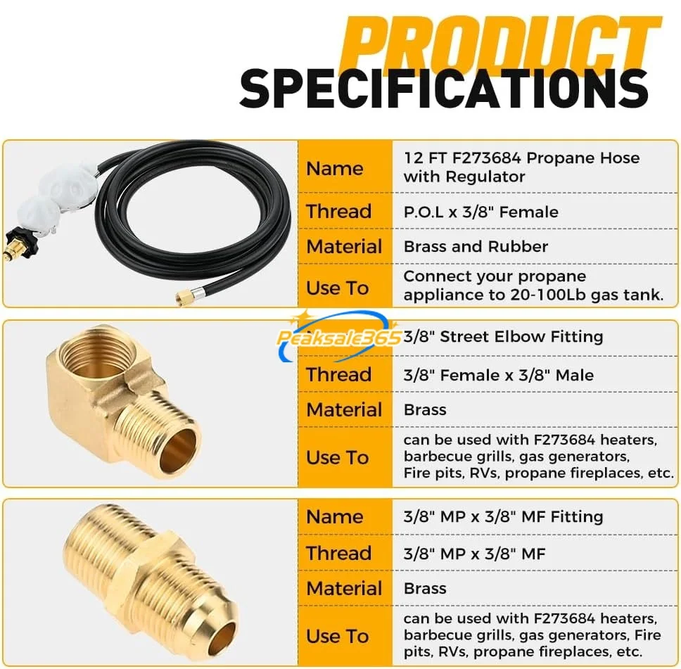 F273684 12 FT Propane Hose 3/8In Female x 3/8In Male NPT Elbow 3/8" Male NPT x 3/8" Male Flare Fittings for Gas Gills RVs Stoves