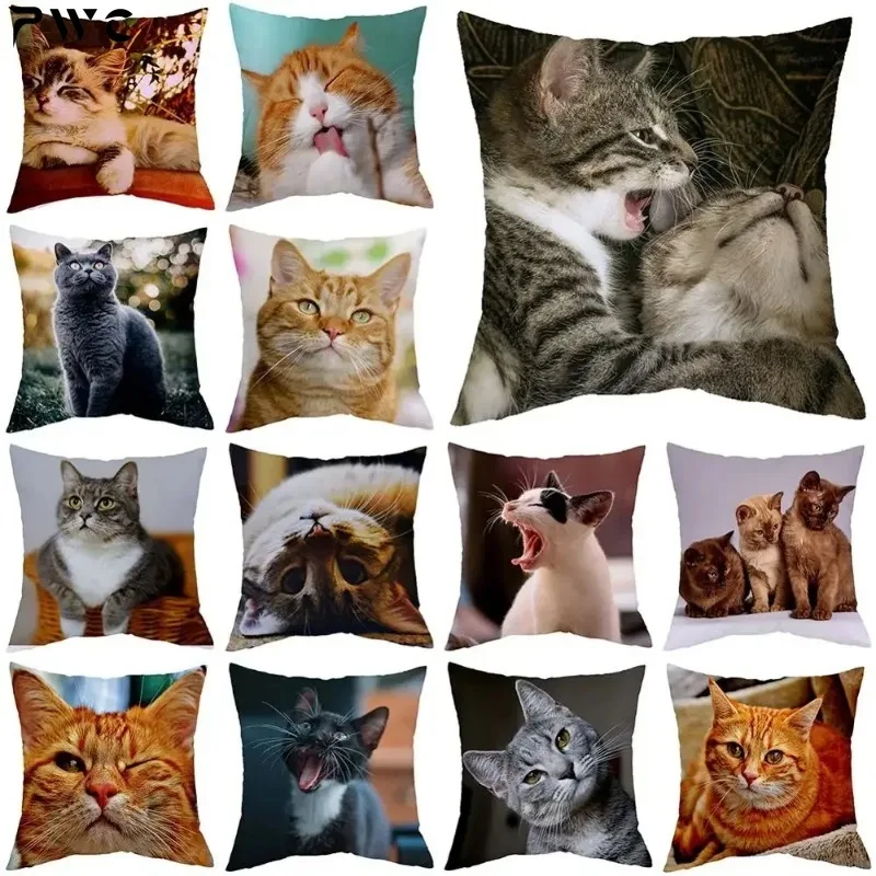 Cute little lazy cat living room sofa decoration cushion cover square pillowcase