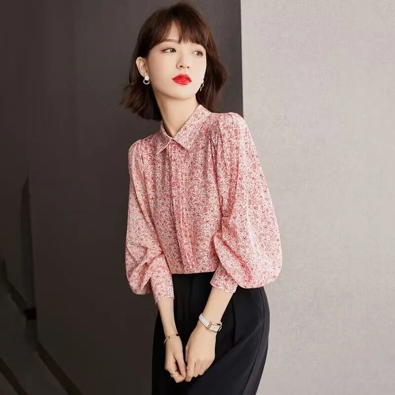 Fashion Pink Printing Single-breasted Blouse Women Classic Lantern Sleeve Casual Polo Collar Elegant Office Chiffon Lady Shirt